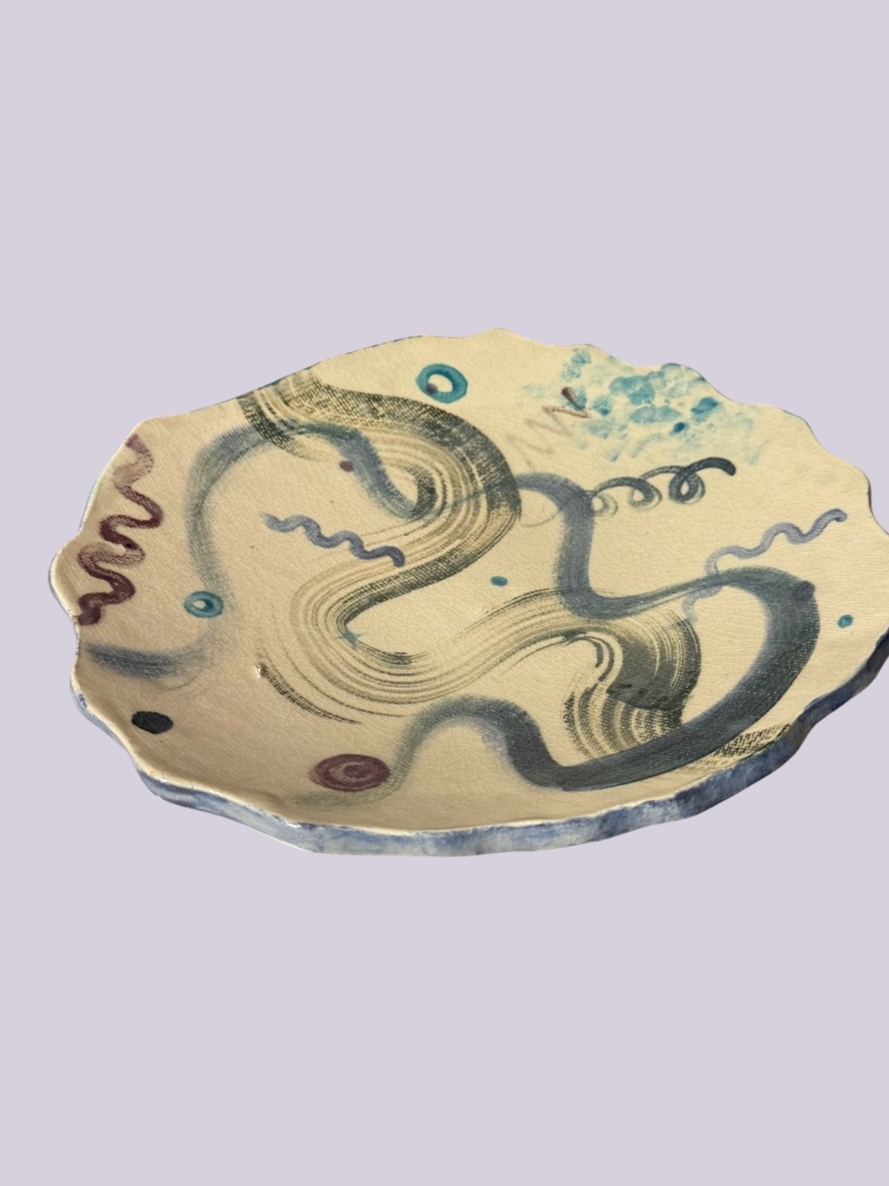 Handcrafted Abstract Ceramic Plate in Cream and Blue - Home Art